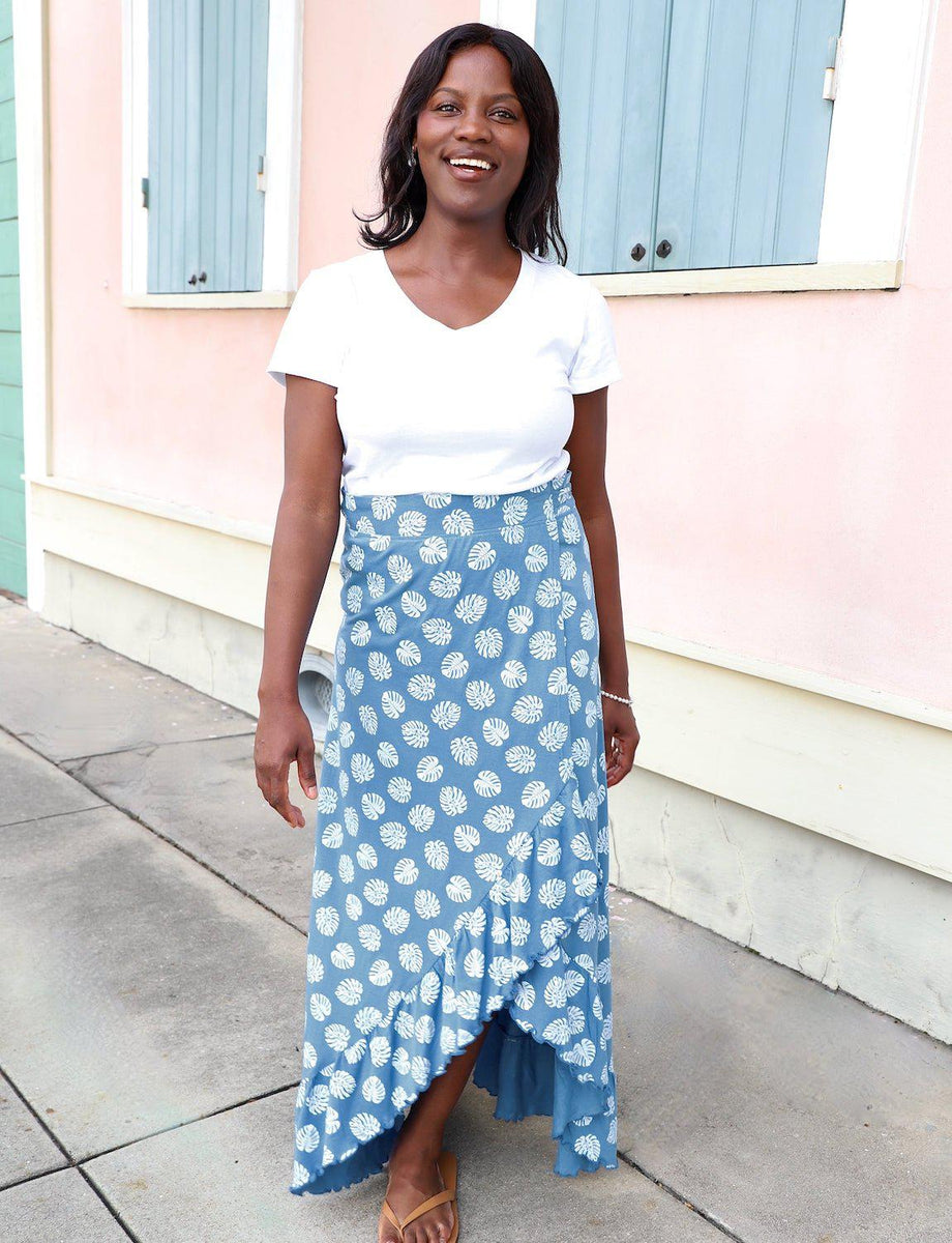 Monstera Organic Cotton Wrap | Blue and White Wrap Skirt– Passion