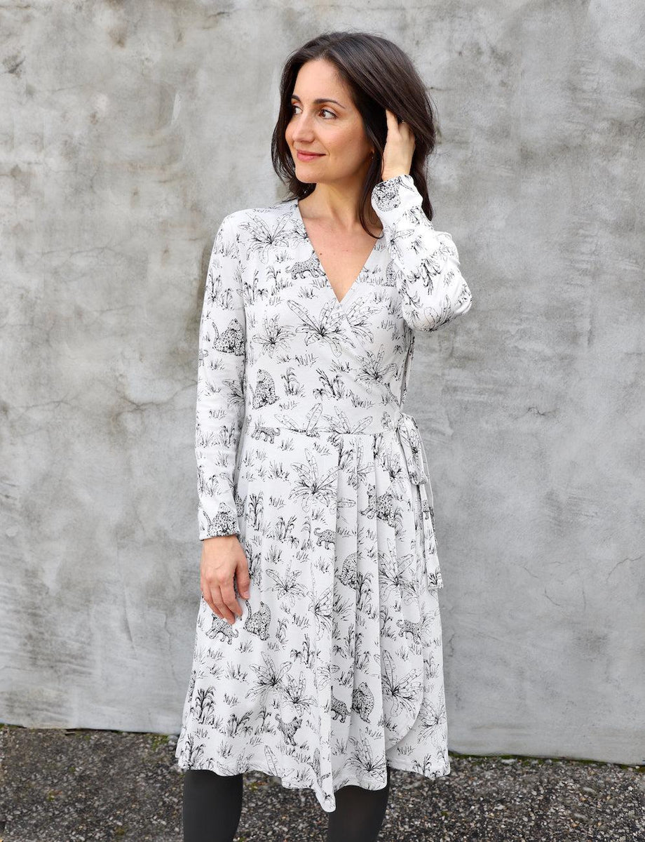white and grey dress Tigress Glacier Grey Organic Dress I Long Sleeve Wrap Dress M
