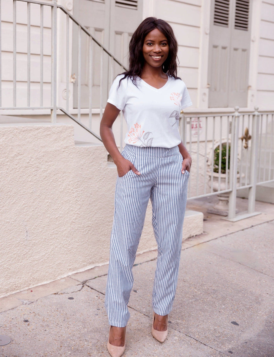 Blue white store striped trousers