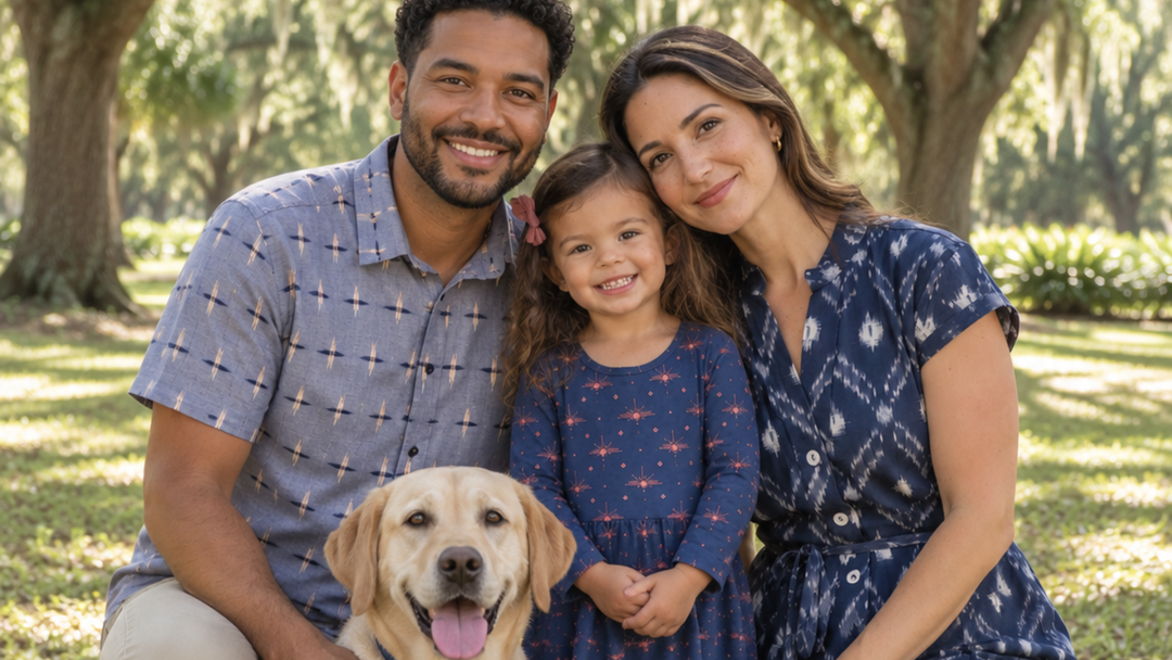 A family in coordinating blue family photo outfits