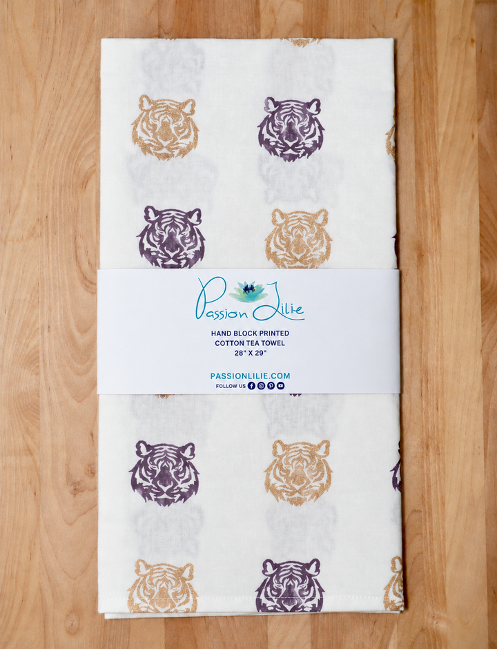 Purple &amp; Gold Tiger Tea Towel