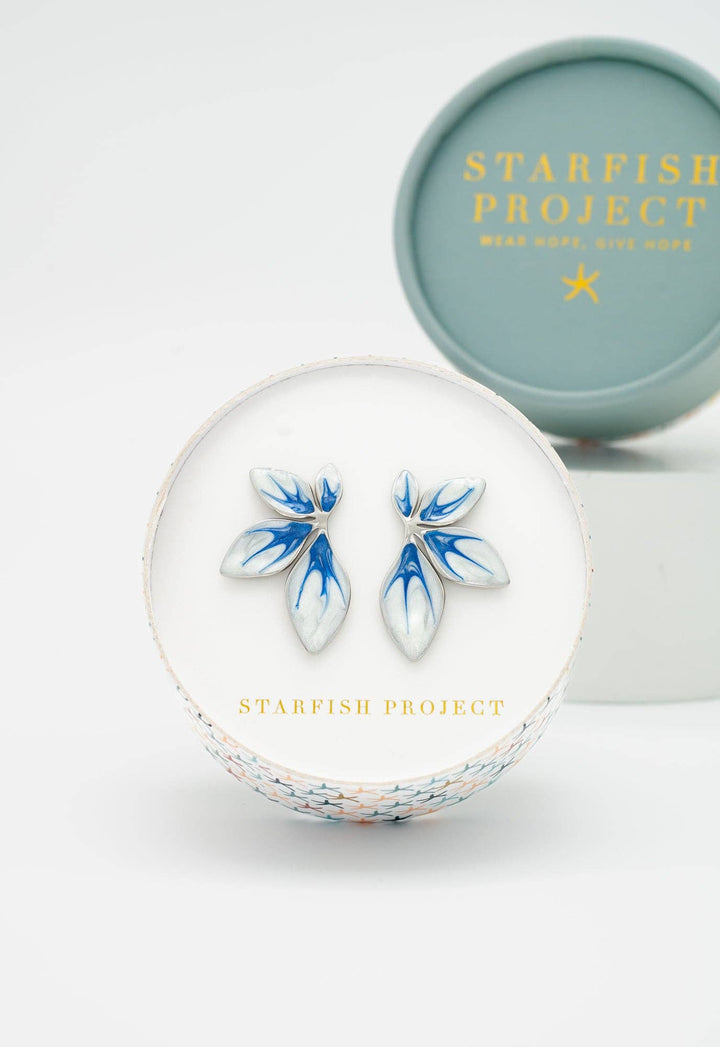 Flourish Blue &amp; Silver Leaf Earrings