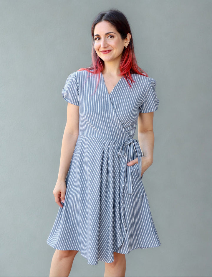 Chambray Pinstripe Organic Cotton Wrap Dress - Passion Lilie