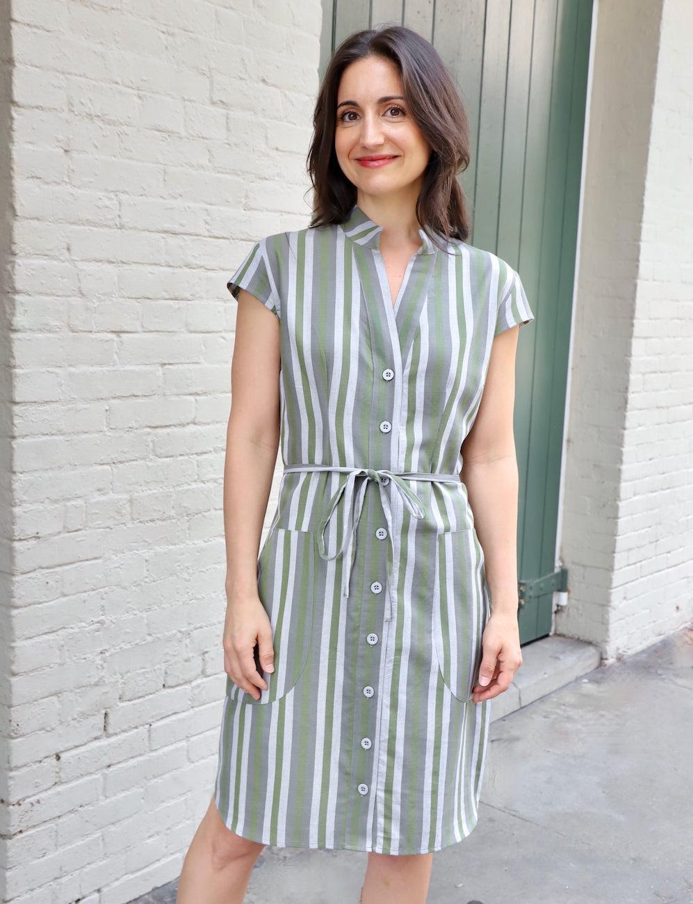 Earth Toned Organic Cotton Button Dress I Earthy Striped Dress L