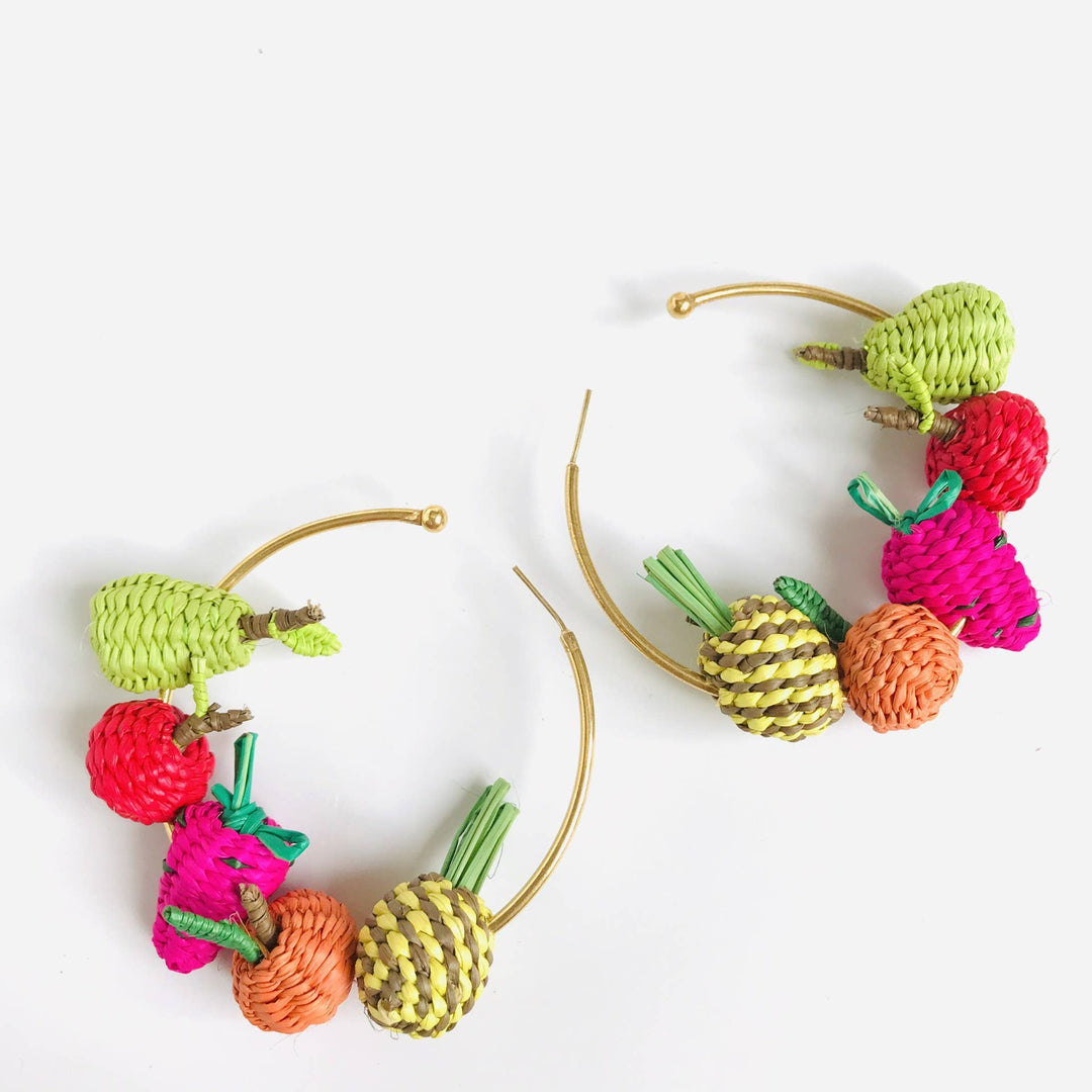 Iraca Assorted Woven Mini Fruit Medium Hoop Earrings - Passion Lilie