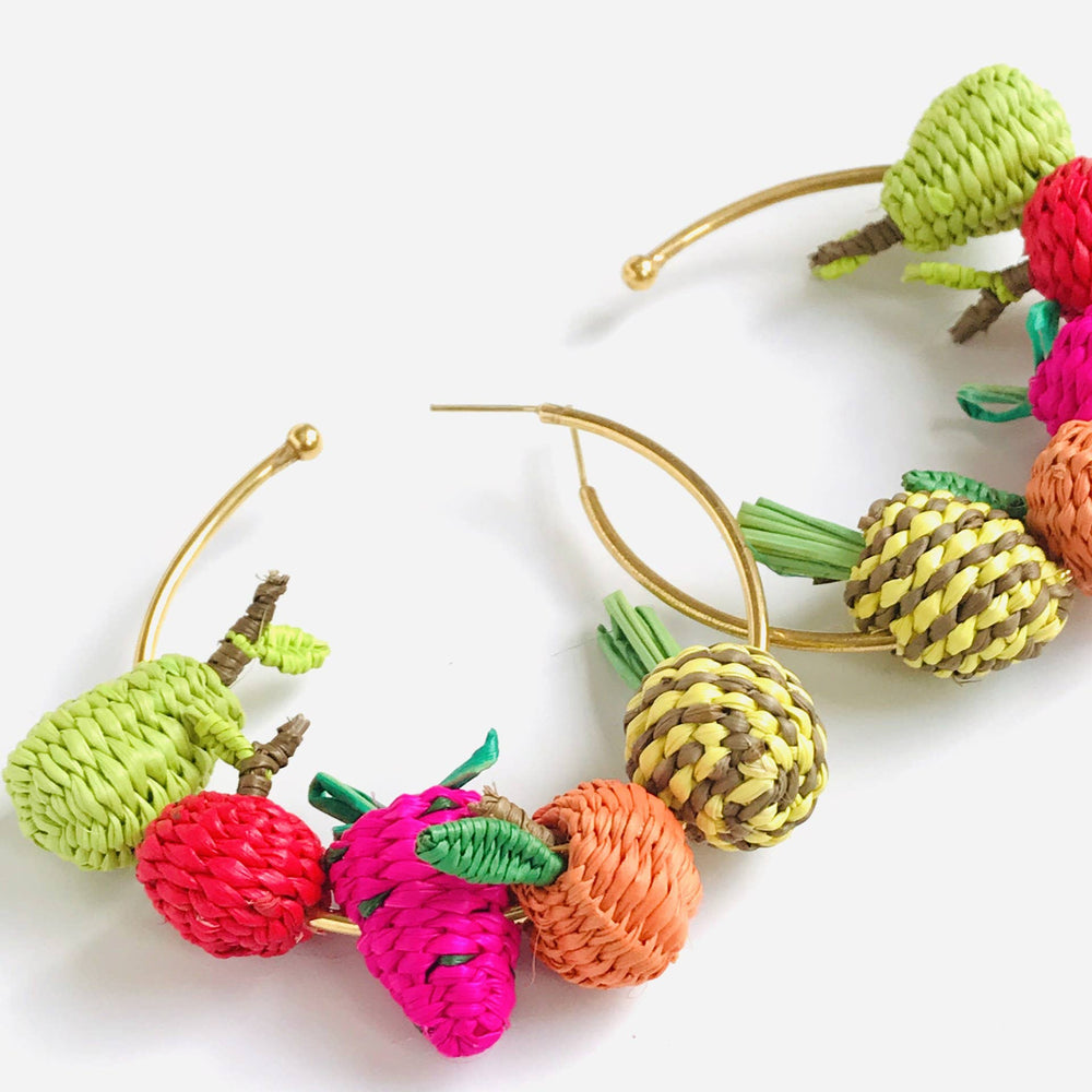 Iraca Assorted Woven Mini Fruit Medium Hoop Earrings - Passion Lilie