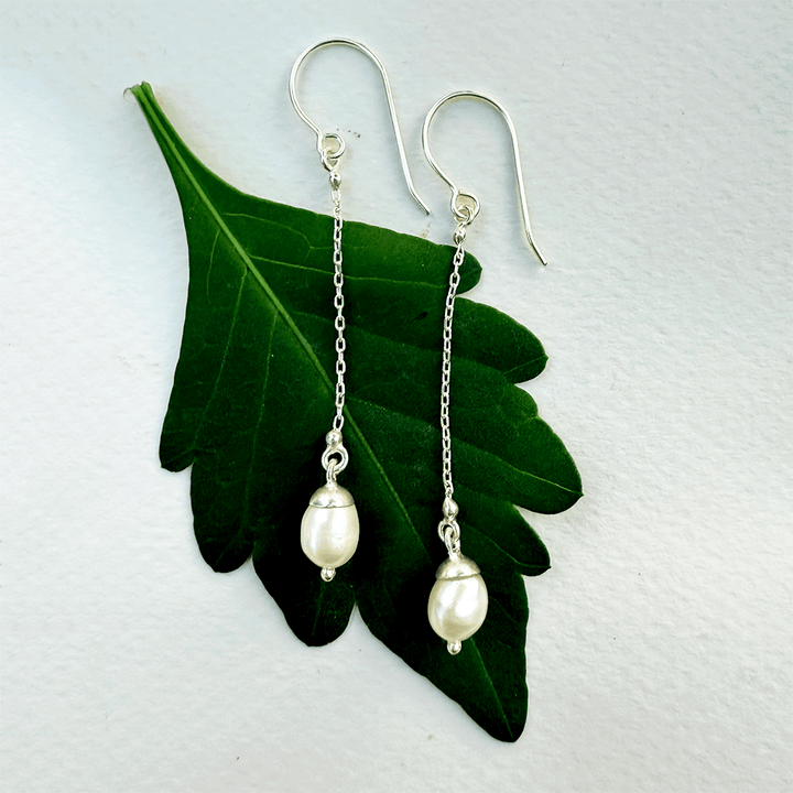 Pearl On A Chain Earrings - Sterling Silver, Indonesia - Passion Lilie