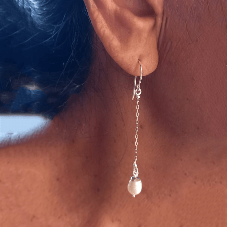 Pearl On A Chain Earrings - Sterling Silver, Indonesia - Passion Lilie