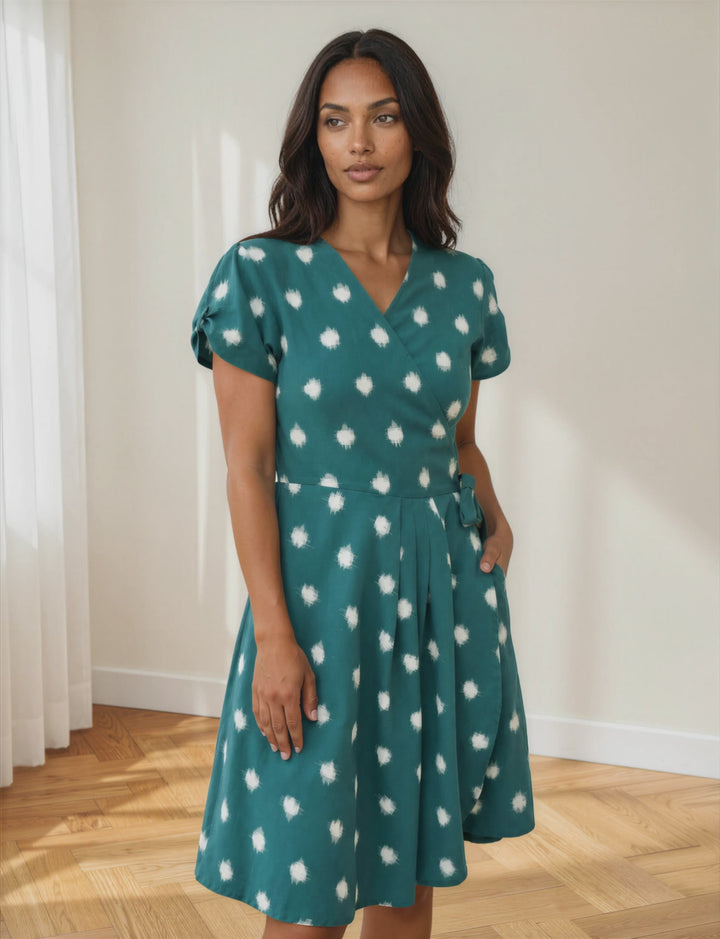 Teal Polka Dot Organic Cotton Wrap Dress