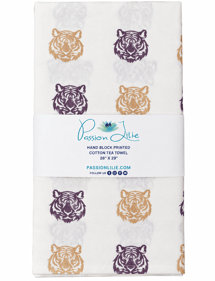Purple &amp; Gold Tiger Tea Towel - Passion Lilie