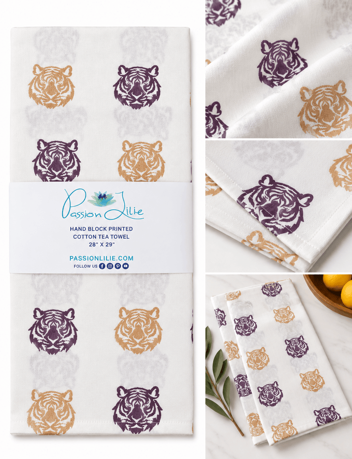 Purple &amp; Gold Tiger Tea Towel - Passion Lilie