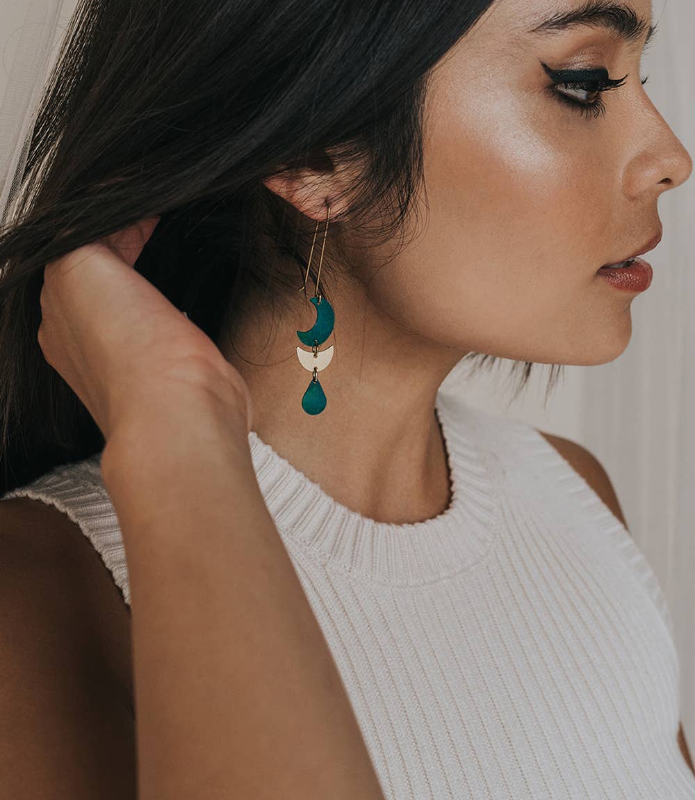 Rajani Moon Phase Drop Earrings - Teal, Gold - Passion Lilie