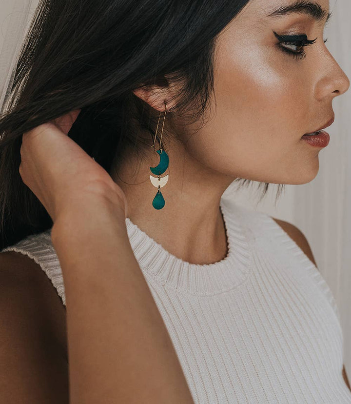 Rajani Moon Phase Drop Earrings - Teal, Gold - Passion Lilie