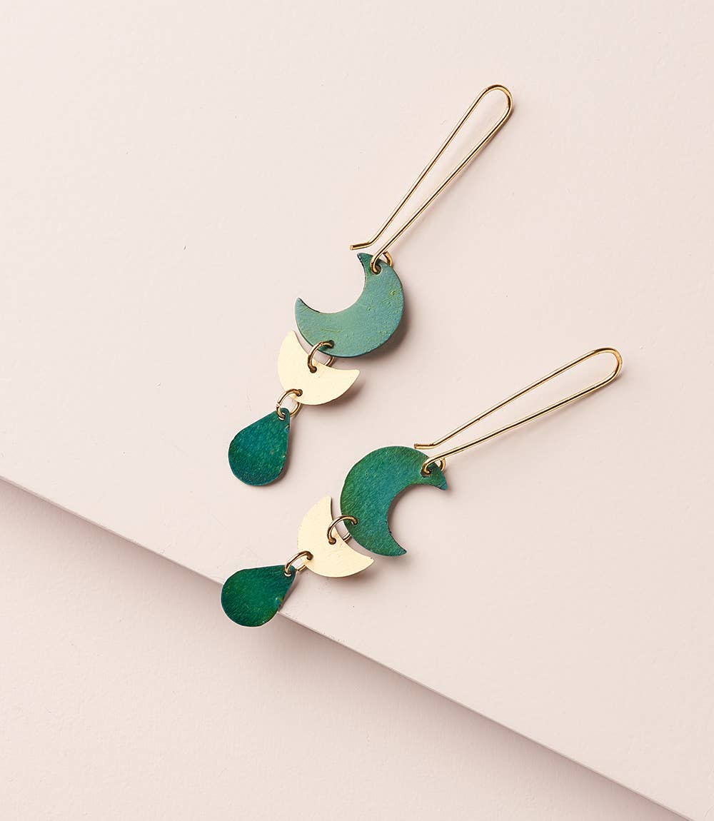 Rajani Moon Phase Drop Earrings - Teal, Gold - Passion Lilie