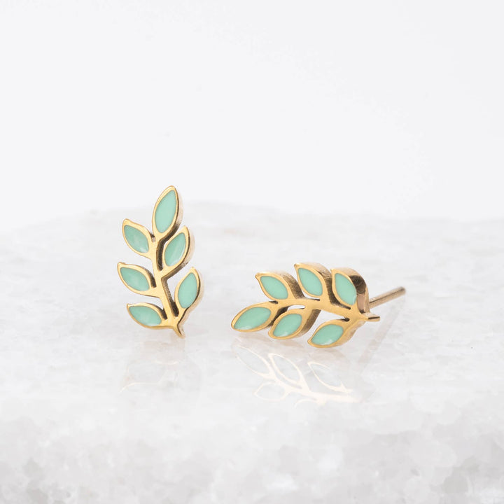 Rowen Leaf Stud Earrings- Gold Plated Leaf Design Studs Mint Green Stud Earrings - Passion Lilie