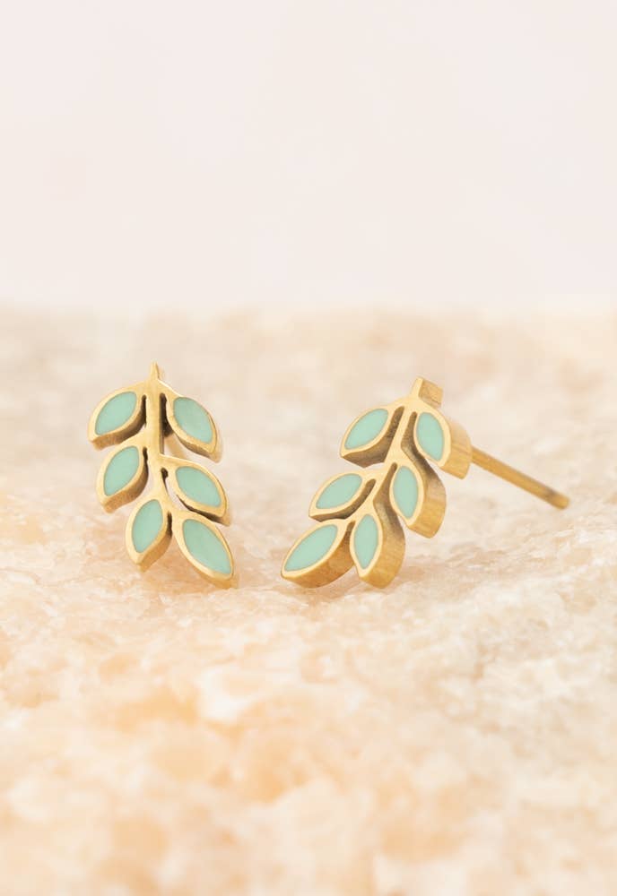 Rowen Leaf Stud Earrings- Gold Plated Leaf Design Studs Mint Green Stud Earrings - Passion Lilie