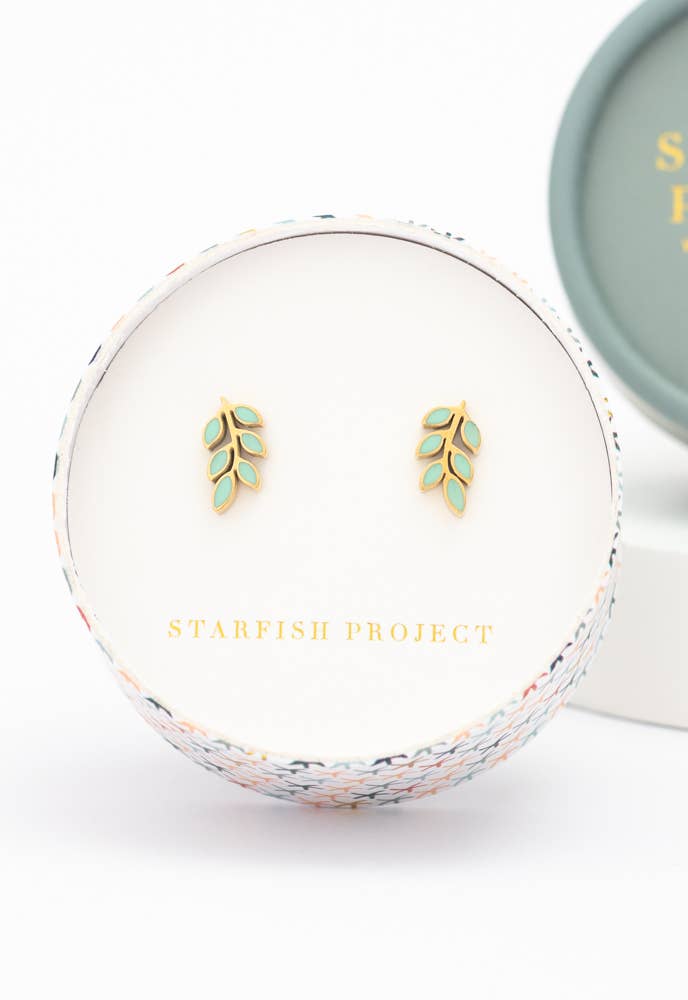 Rowen Leaf Stud Earrings- Gold Plated Leaf Design Studs Mint Green Stud Earrings - Passion Lilie