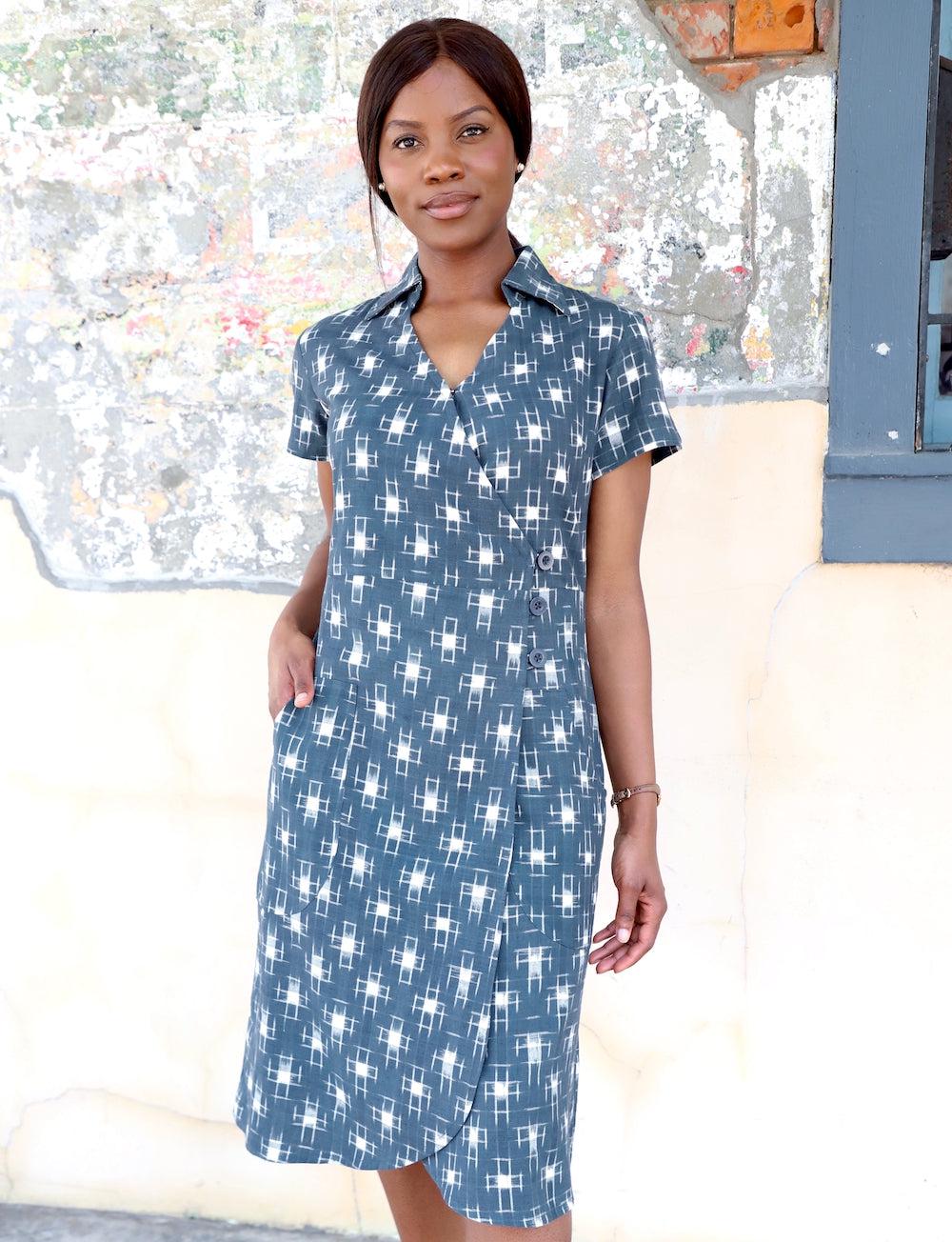 Anniki Blue Button Up Wrap Dress, Fair Trade, Passion Lilie L Anniki Blue Button Up Wrap Dress, Fair Trade, Passion Lilie L
